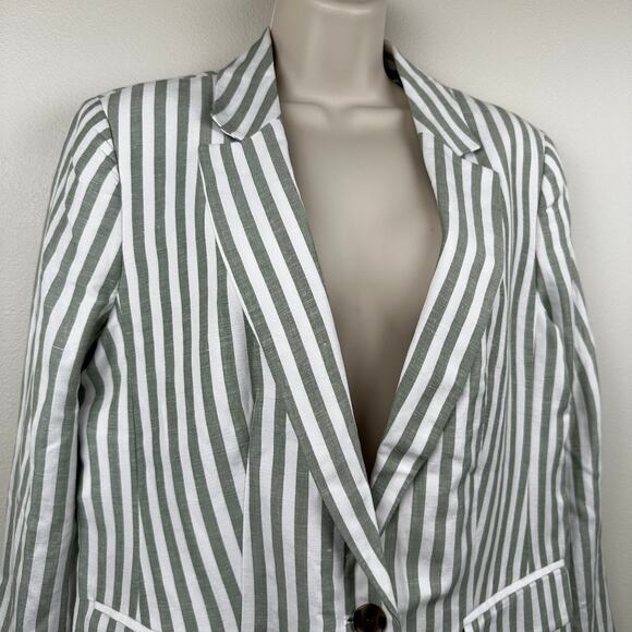 LOFT Striped Modern Blazer Jacket Linen Green White 10 Coastal Preppy Office - Picture 2 of 14